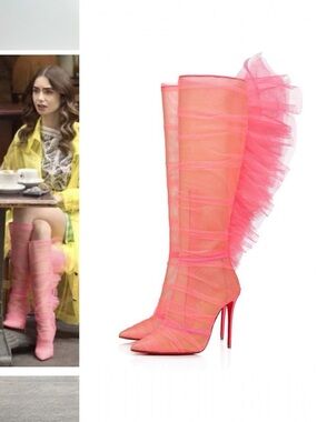 RARE Christian Louboutin SS22 Libellibotta Pink Tulle Knee High Boots Heels 40